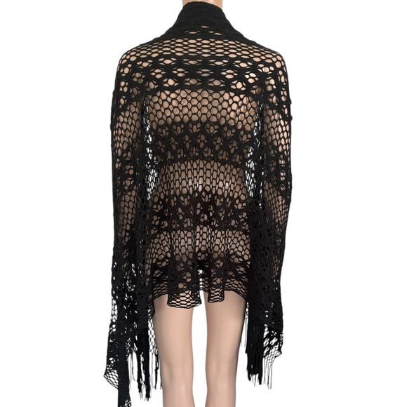 Mesh Crochet Fringe Shawl Open Knit Duster Blck Western Grunge Boho Y2K Festival - Picture 4 of 5